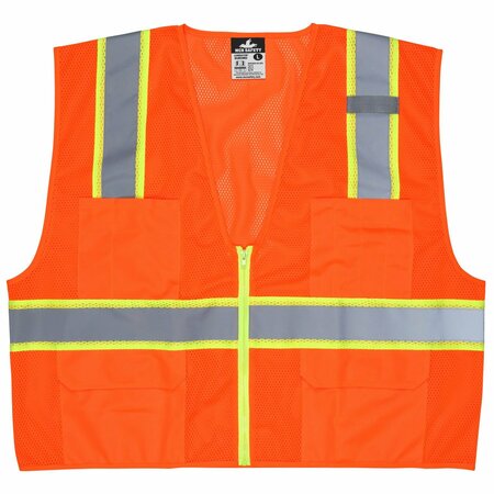 MCR SAFETY Garments, Class 2, Orange, Poly Mesh, 3''Lime/Silver, L SURVMOL
